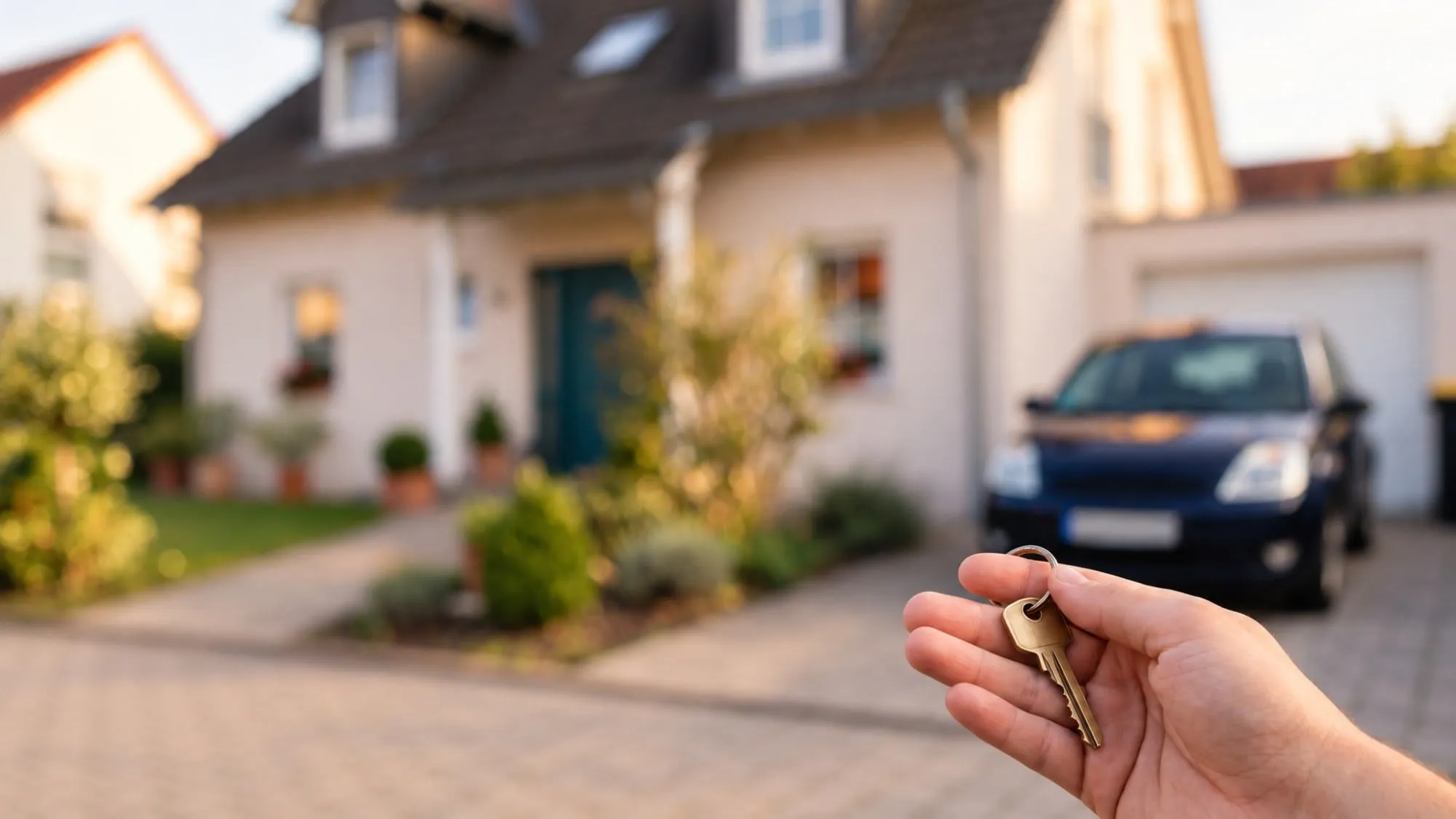 Eine Hand hält einen Haustürschlüssel, im Hintergrund ein Einfamilienhaus mit Auto in der Einfahrt